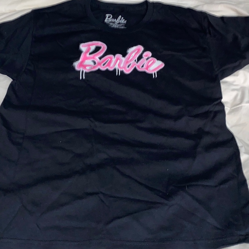 Barbie black short sleeve crewneck T-shirt hot pink graphic Barbie kids size 16
